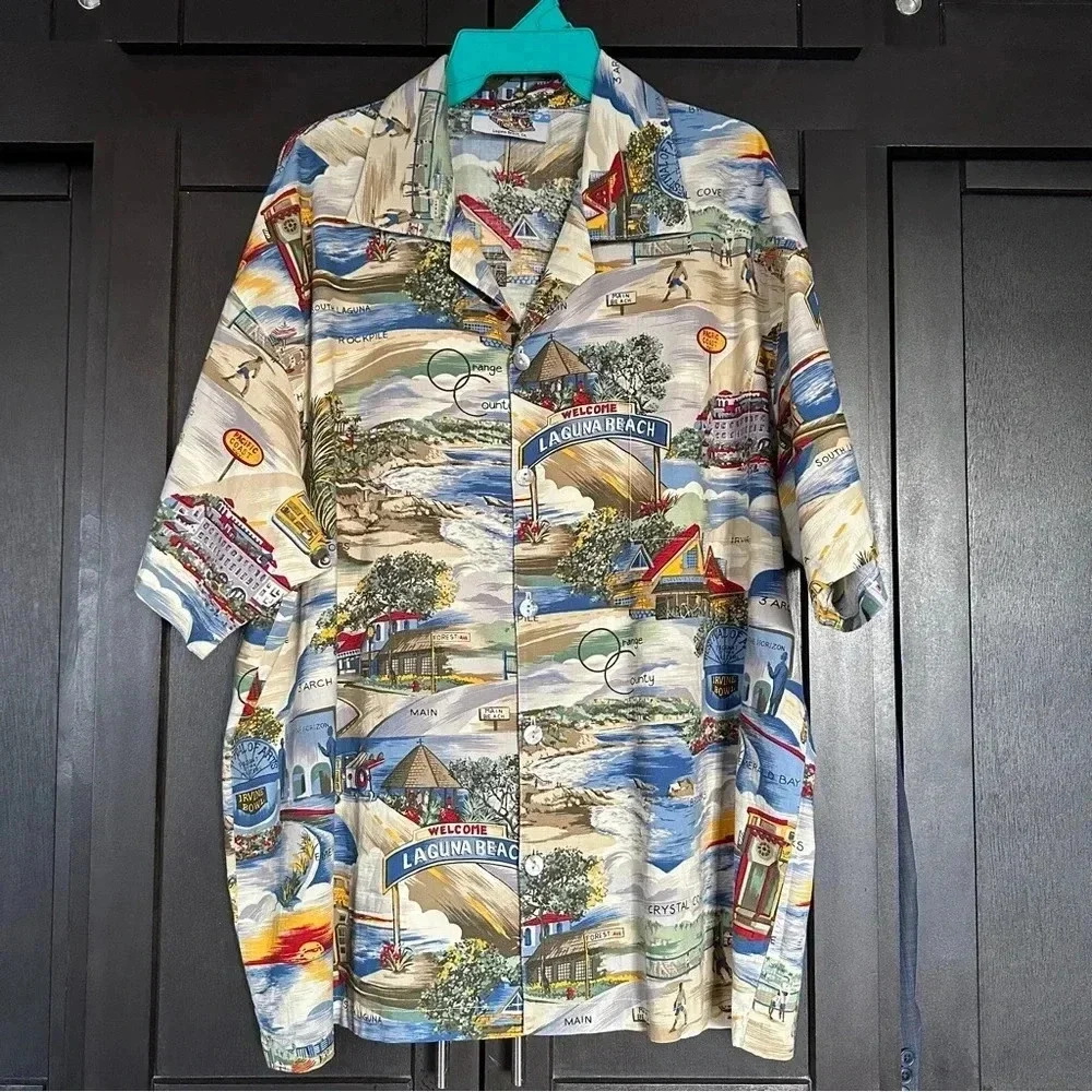 Matt Rider vtg Laguna Beach Print Cotton Button Down Short Sleeve Shirt Large